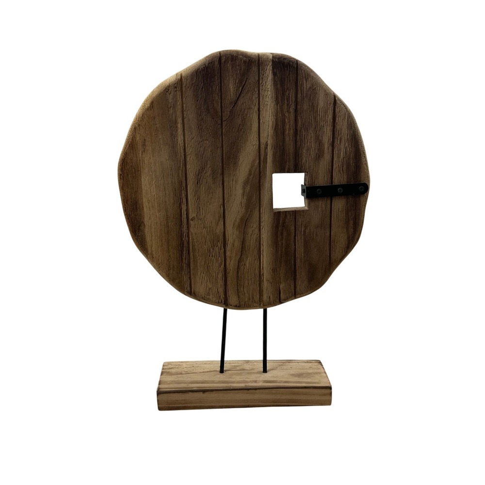 Rustic Round Wood Tabletop Sculpture Metal Stand Farmhouse Decor 23 Inch